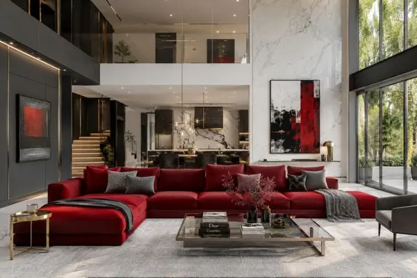 A professionally styled crimson red sofa set in a high-end luxury modern estate layout.