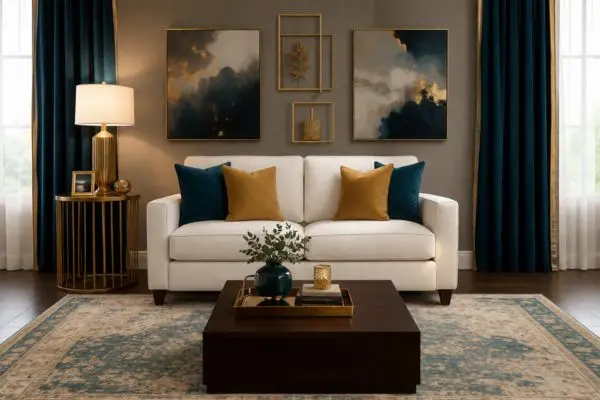 A compact fabric loveseat styled with teal and mustard cushions.