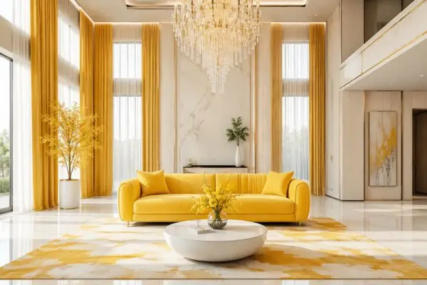 Sleek minimalist yellow sofa centerpiece in a modern uncluttered luxury living room