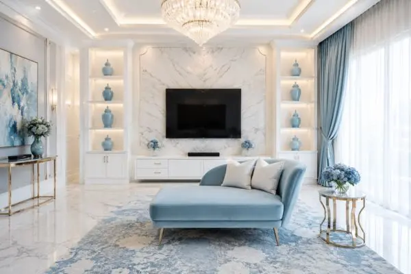 An elegant ice-blue couch in a modern white marble living room setup.