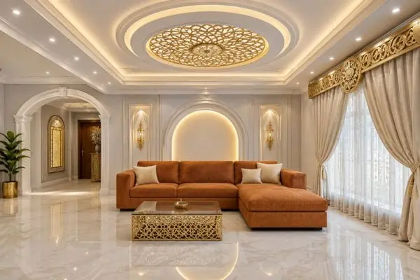 Terracotta brown Ashley sofa chaise in a luxury royal living room layout.