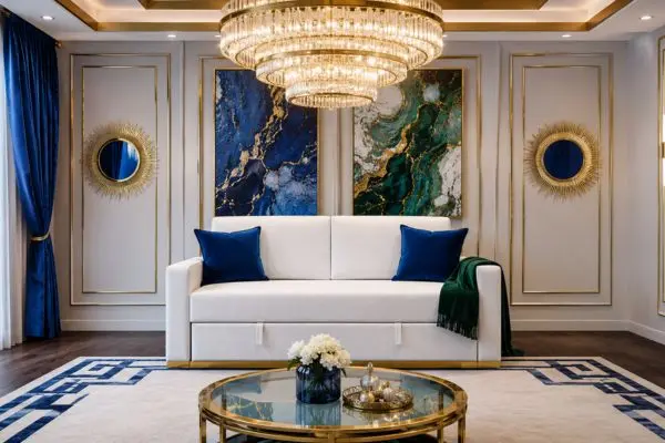 Premium two seater white fabric couch with royal blue velvet pillows in a luxury gold interior.