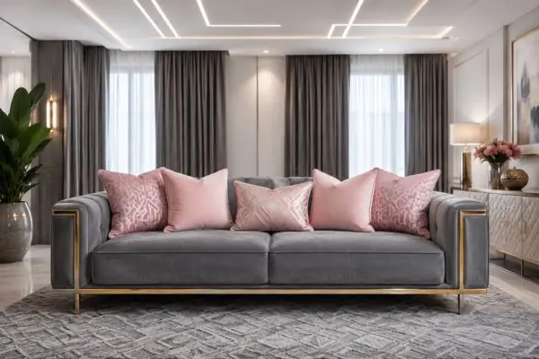 Modern grey sofa styled with an odd-number arrangement of pink designer pillows