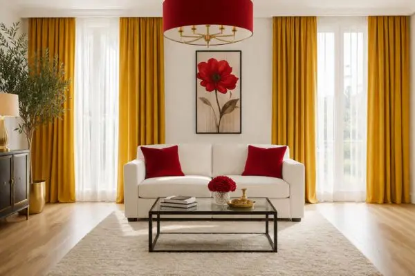 A compact fabric loveseat styled with two bright red cushions in a yellow-themed living room.