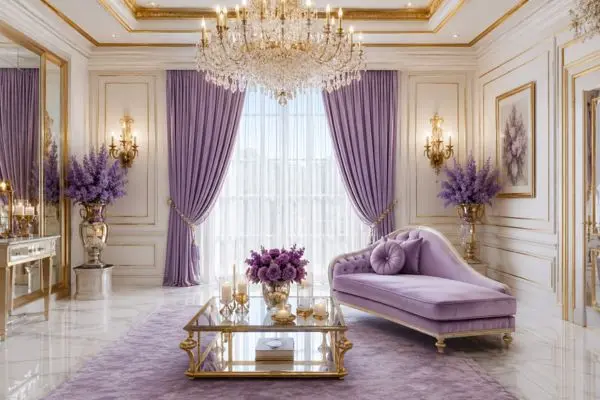 A luxury lavender small chaise sofa in a royal living room design.