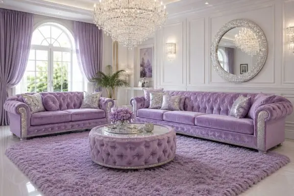Lavender velvet sofa and loveseat set showing the size difference in a luxury living room.