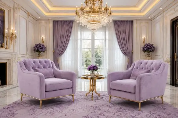 Two lavender velvet single sofas with slim gold legs on a matching lavender textured rug.