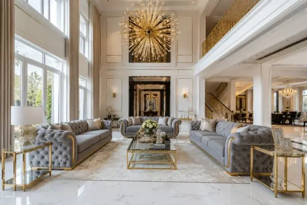 A modern luxury living room with a set of elegant grey tufted leather furniture.
