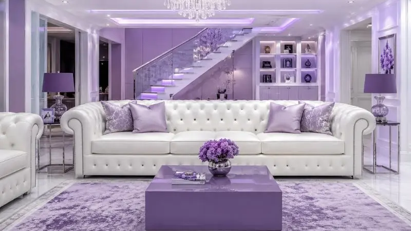 A perfectly clean and shiny white leather couch in a modern luxury living room.