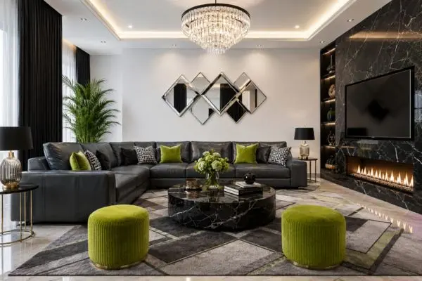 A luxury charcoal grey sectional seating arrangement with bright lime green pillows.
