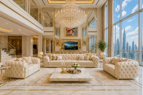 Different types of luxury cream leather couches in a modern high-end penthouse.
