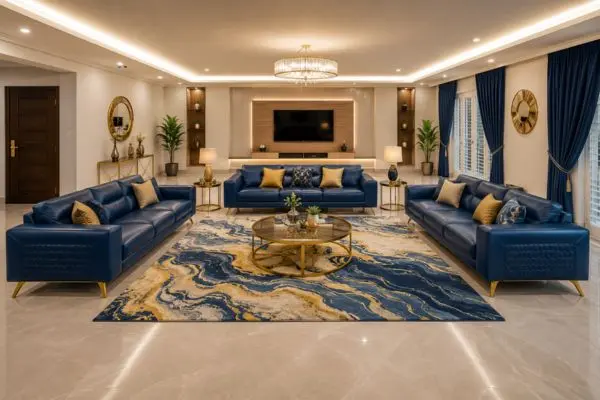 Multiple royal leather couches arranged in a spacious luxury living room with golden decor.