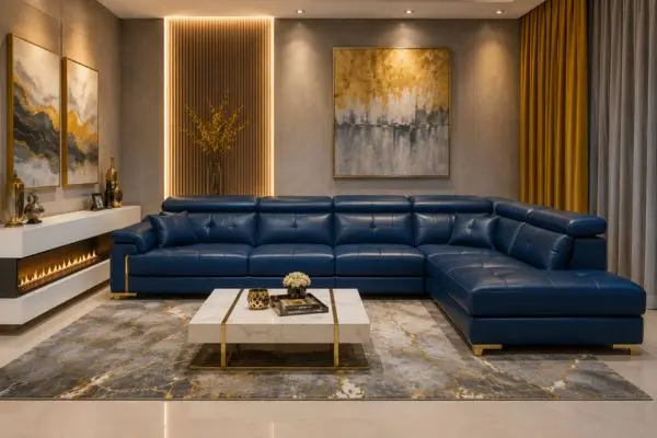 Professional maintenance of a luxury navy sectional seating couch inside a modern living room.