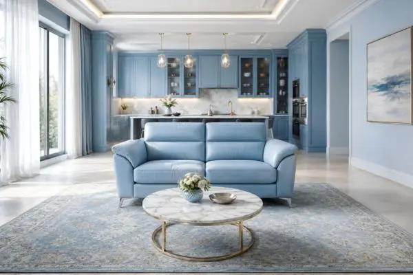 A single compact sky blue seating unit in a modern bright open-concept living room setup.