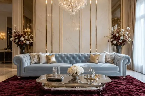 Premium light blue sofa paired with gold and beige accents in a luxury living room
