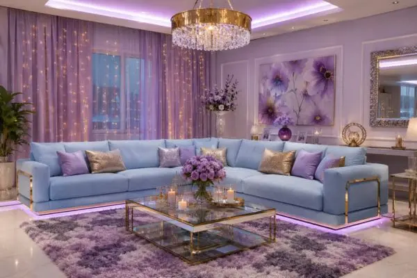 Elegant light blue sectional sofa in a luxury lavender living room