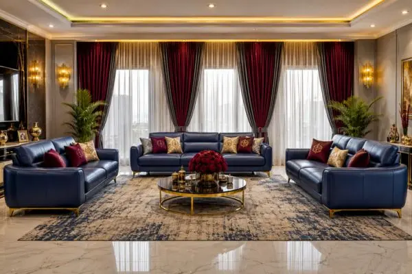 Multiple royal leather seating structures in a warm luxury lounge with deep burgundy drapes.