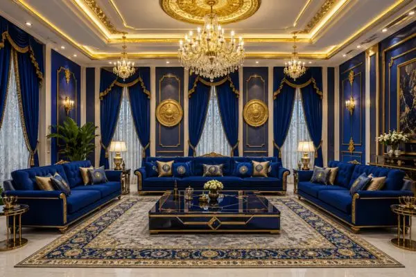 Luxurious royal blue couches with gold trims and majestic crystal chandeliers inside an upscale palace-style living room.