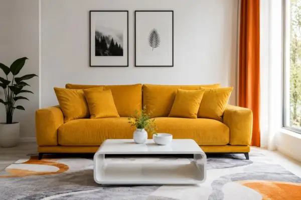A modern minimalist living room featuring a single mustard yellow couch with white walls and black framed artwork.