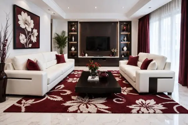 White leather couches arranged face-to-face in a modern burgundy living room setup.