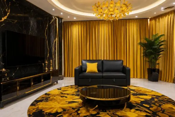 Modern black leather compact two seater couch with a yellow cushion in a luxury yellow and black interior.