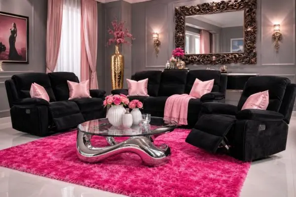 Premium modern black velvet lounge chairs arranged on a vibrant pink shaggy carpet.