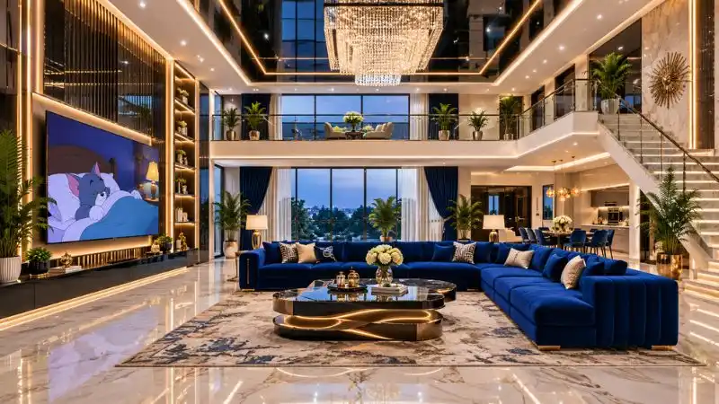 Luxury royal blue velvet sectional sofa in a modern high-ceiling living room design.