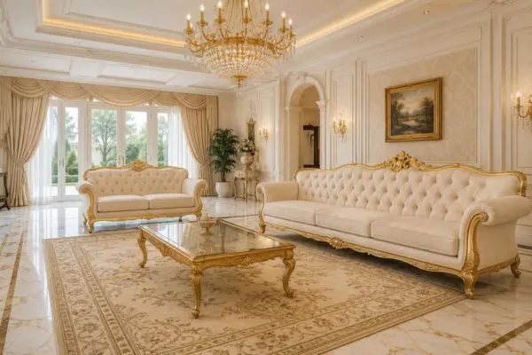 Classic off-white velvet couches with gold trim in a luxury cream colored royal living room.