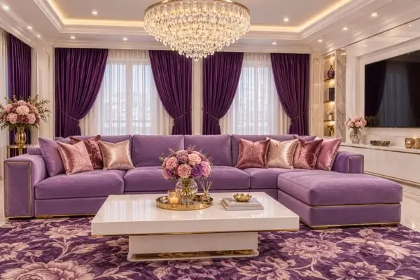 High-end purple velvet seating decorated with luxury velvet rose and blush cushions