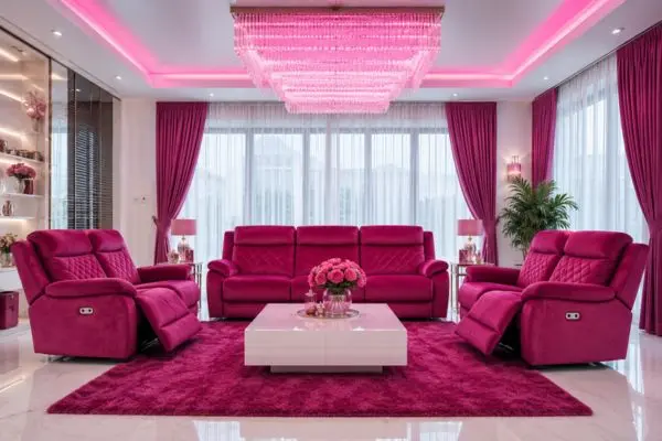 Spotless plush magenta seating arrangement under a glowing pink crystal chandelier.