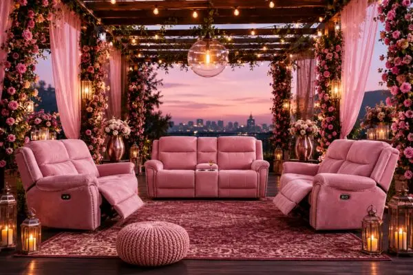 Premium plush pink seating arrangement on a dark wooden balcony with a city skyline background.