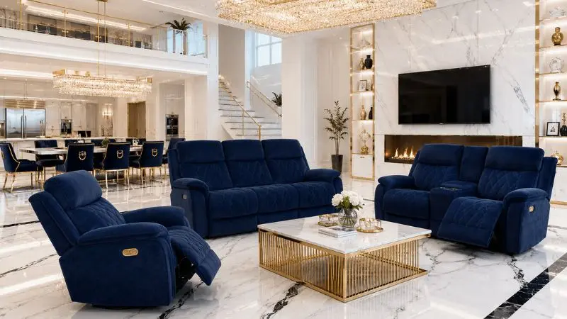 Premium navy blue velvet recliner sofa set in a luxury modern living room.