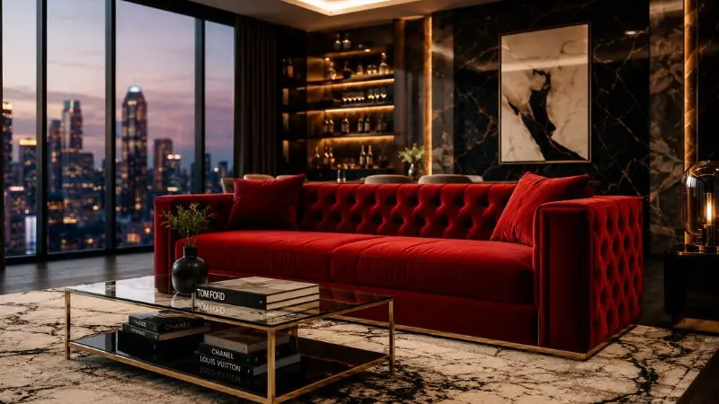 A luxury velvet red sofa in a modern penthouse living room with a city view.