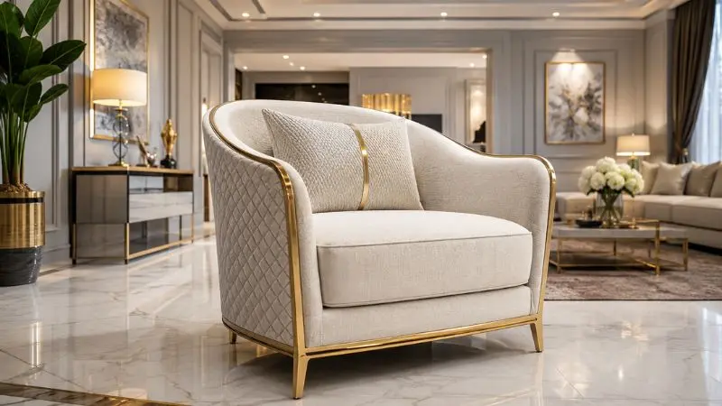Modern luxury single sofa chair with cream fabric and gold accents in an elegant living room