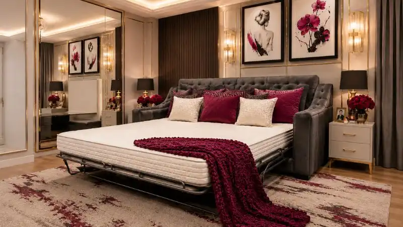 Modern luxury sleeper sofa bed mattress unfolded in a premium bedroom.