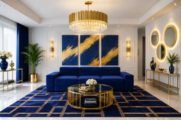 A luxury royal blue velvet sectional couch with gold accents in a modern living room.