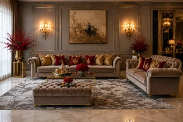  Complete wide shot of a tufted warm taupe velvet 2 piece sofa set with red and gold cushions.