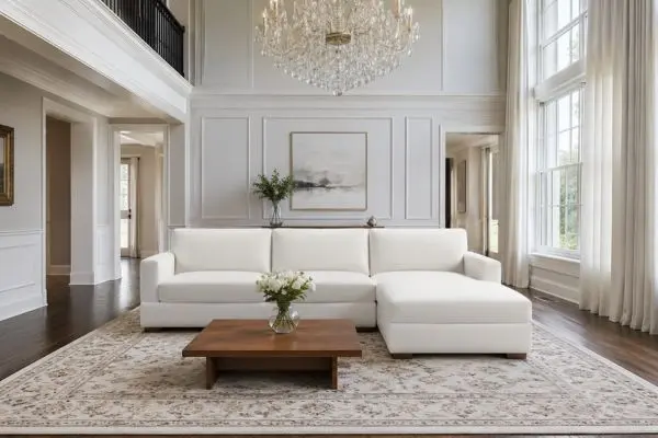 Compact white corner couch styled inside a bright elegant living room.