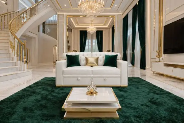 Elegant white two seater tufted couch with emerald green and gold cushions on a green luxury rug.