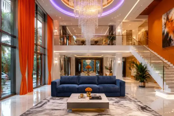 A single standard modern indigo-blue suede couch inside a luxury mansion hall with tall orange curtains.