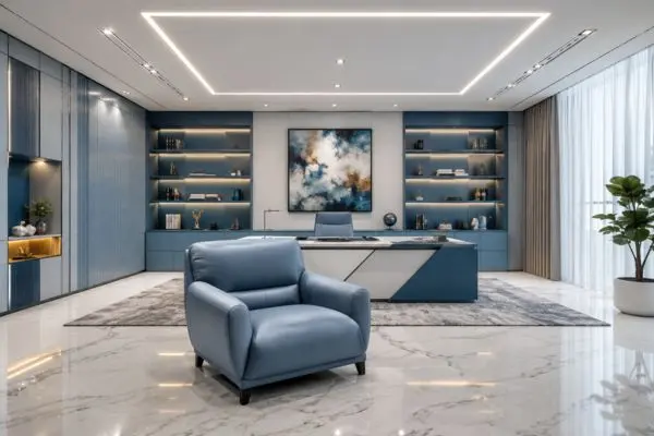 Light blue leather executive single seat in a modern white corporate office layout.