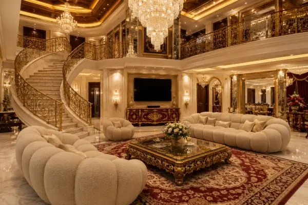 Luxurious cream seating arrangement on a traditional red Persian rug inside a grand gold mansion