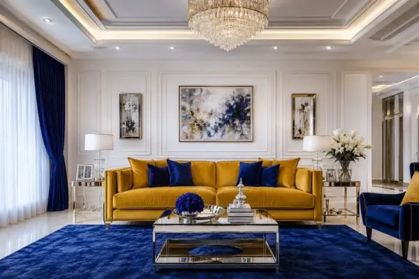 A luxury colorful sofa styled in a bright white and royal blue contemporary living room with a mirror coffee table.