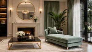 A modern mint green small chaise sofa placed in a luxury living room.