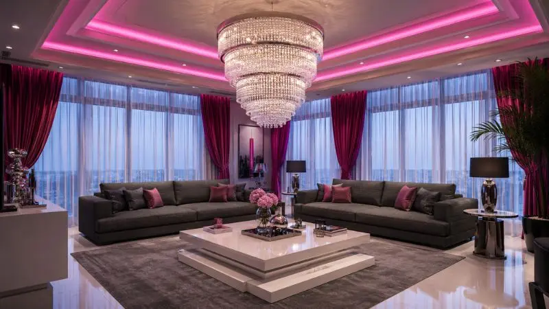 Modern charcoal gray 2 piece sofa set in a luxury living room with pink ceiling lights.
