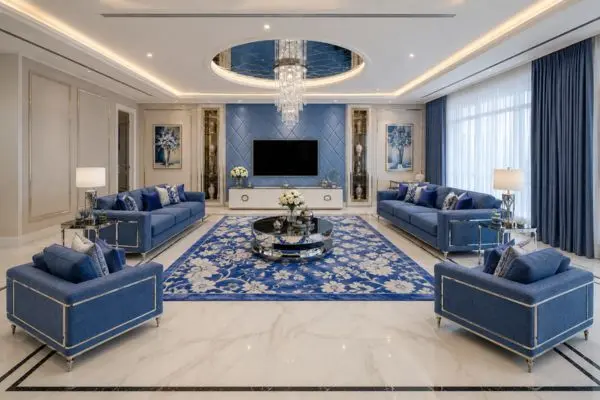 Multiple modern fabric blue sofas with chrome accents in a luxury living room.