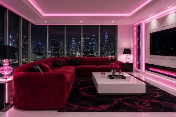 A luxury red velvet sectional sofa in a modern penthouse with pink neon LED lighting.