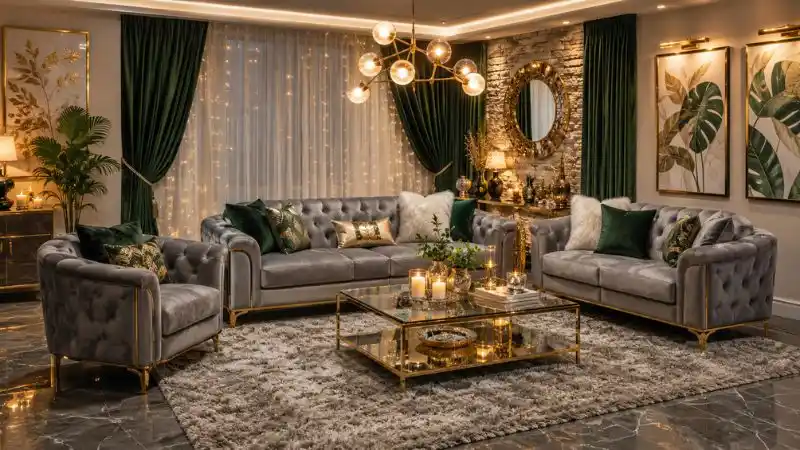 A luxury grey modern sofa set with green cushions in a stylish living room interior.