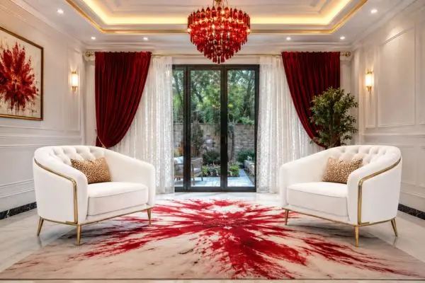 Two modern white single sofas with gold legs on an abstract red and white splash carpet.
