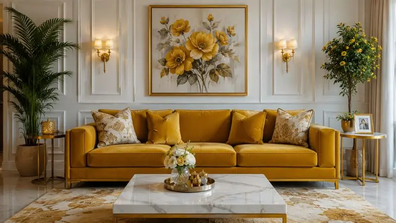 A modern luxury mustard yellow couch in an elegant living room with white walls and a gold floral painting.